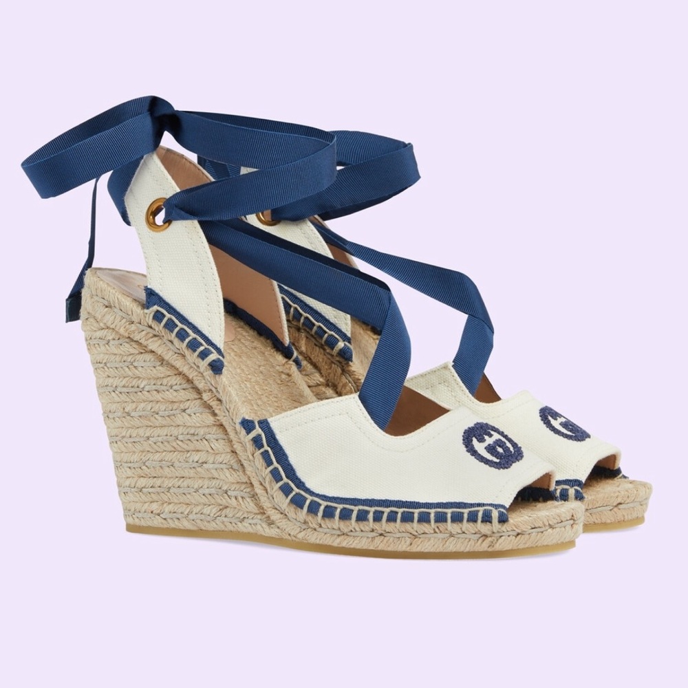 NEW Gucci GG Judie Lace Up Ballerina Espadrille Wedges